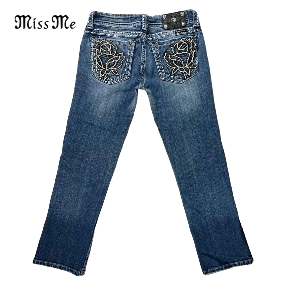Miss Me Women 28 Capri Rose Rhinestone Low-Rise Blue Denim Jeans JE6080P2